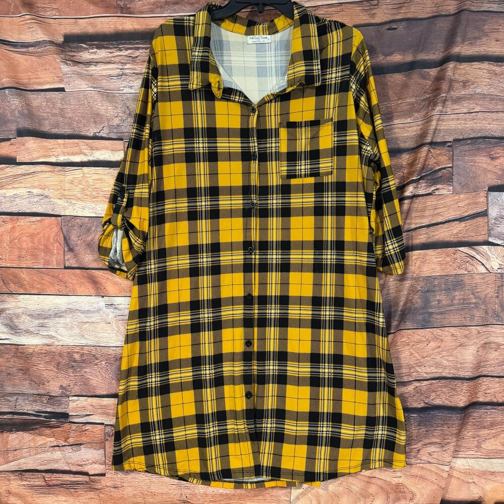 Full Circle Trends Plaid Shirt Dress Womens 2X Yellow Black Button Up 3/4 Sleeve